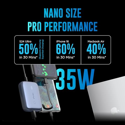 Image of URBN 10000 mAh 35W Super Fast Charging Power Bank with Built-in USB-C Cable| Triple Output | Two Way Fast Charge | Made in India | for MacBook Air, iPhone, Android & More (Blue)