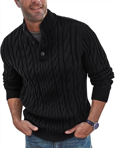 Beotyshow Mens Cable Knitted Pullover Sweaters Stand Collar Solid Twisted Thermal Sweaters with Button for Men