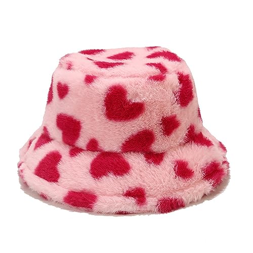 Dirholl Women's Winter Faux Fur Fuzzy Warm Bucket Hat Heart Red