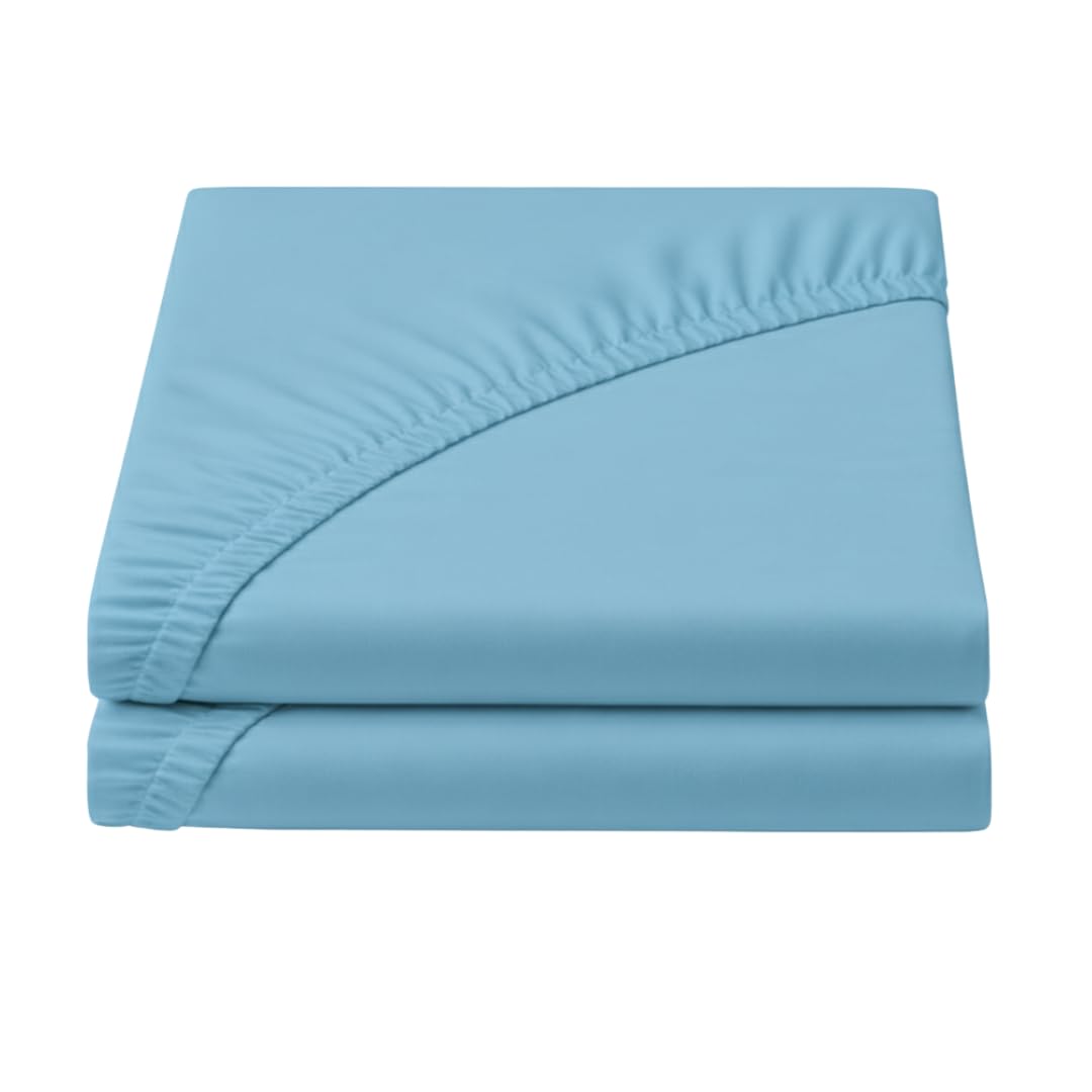 BRIT COTTON® 4FT Small Double Sky Blue Fitted Sheets Pack of 2, 90GSM Microfiber, Extra Deep 16"/40cm Bottom Sheets, Soft & Secure Fit for Thick Mattresses