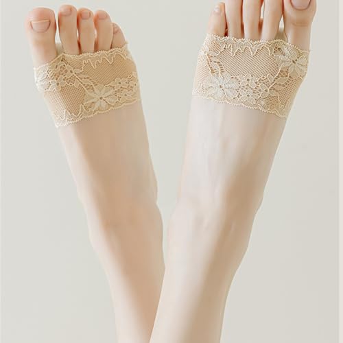 Image of DUNKOING 4 Pairs Lace Open Toe half Socks Womens Cushion Padded Toe Topper Socks for Heel Mule Sandals Clog 5-9 (lace, 4beige)