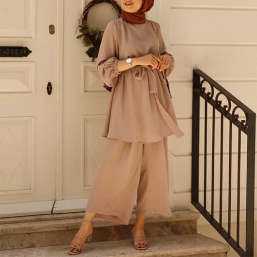 2 Piece Pant Sets for Women Dressy Casual Muslim Crew Neck Long Sleeve Loose Belted Tops Wide Leg Pants Outfits2