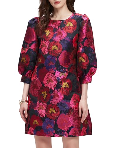 Kedera Women's Jacquard Dress Long Puff Sleeves Shift Mini Elegant Floral Dress Summer Business