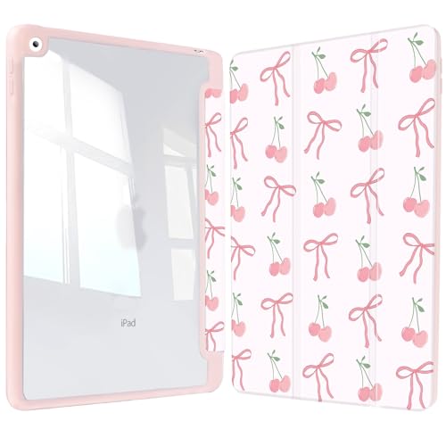 Vozehui 9.7 inch Bow Cherry Case for iPad 5th/6th Generation 2017/2018 Case with Clear Back Shell with Pencil Holder,Tri-fold Stand Protective Cover with Auto Sleep Wake