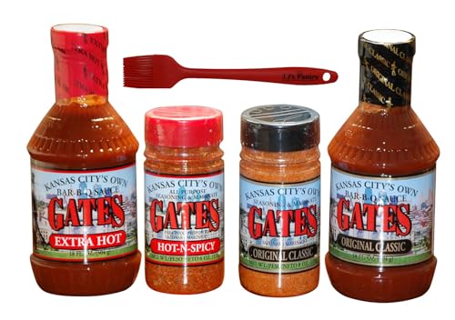 Kansas City Gates BBQ Sauce and Dry Rub Variety Sampler Gift Bundle - 4 Pack + Bonus TJs Pantry Silicone Basting Brush!