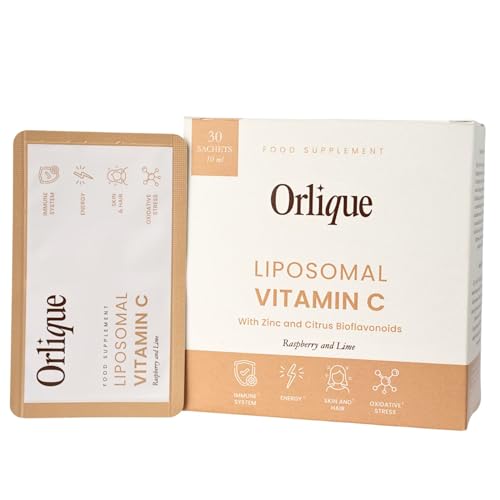 Orlique Liposomales Vitamin C 1000mg - Hochdosiert Flüssig mit Zink & Bioflavonoiden - Vegan & Keto-freundlich - Hohe Bioverfügbarkeit - 30 Sachets - Ohne Soja/Gluten, Natürliche Konservierung