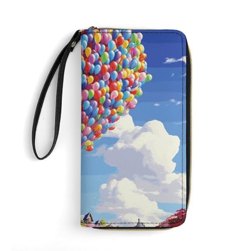 Colorful Balloon And House Leather Wallet Smooth Zip Around Clutch Wristlet Travel Long Soft Purse for Women