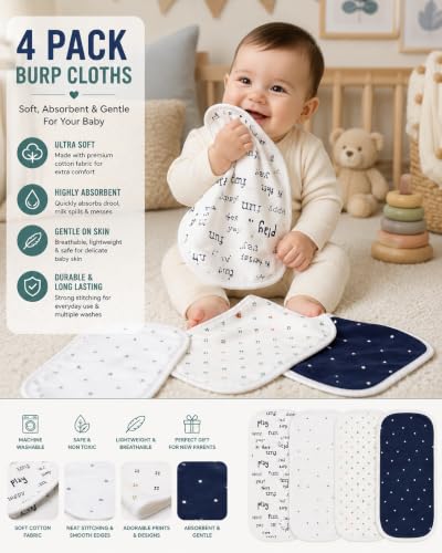Image of TuddyBuddy Baby Burp Cloth Towel Napkins for Baby Large 17x12 Inches, Premium Double Layer 100% Cotton (4 Pcs Burp Towels, Beige - Play)