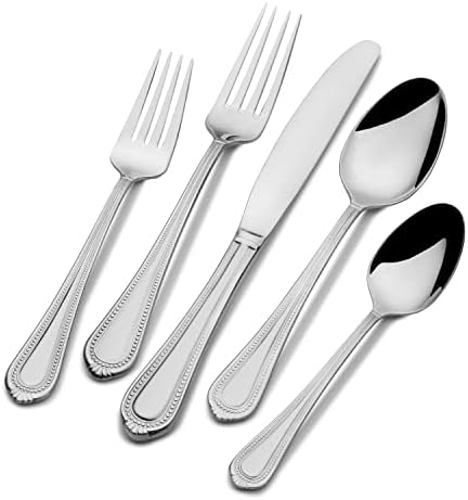 Mikasa Regent Bead 65 Piece Silverware Set, 18.10 Polished Mirror Stainless Steel, Service for 12 with Serving Set