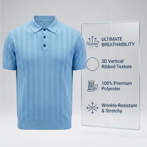 Polo de punto para hombre manga corta, texturizado, elástico, casual con cuello para golf de verano miniatura 6