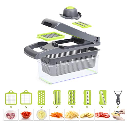 Taglia Verdure,POWERAXIS Tagliaverdure Multifunzionale 12 in 1 Mandolina Lame Integrate per Cipolla Frutta e Verdura Cucina Fritte Ondulate Lisce Affettate Pomodoro