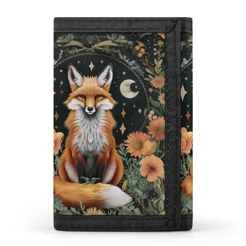 Fox Flower Moon Trifold Wallet with ID Window ID Card Holder Wallets Travel Wallet Coin Zipper Pocket