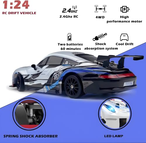 Image of Cable World RC Drift Car for Kids, 2.4GHz Remote Control Car, 4WD Dual Motor, Unbreakable PVC Body, LED Lights, Rechargeable Battery,High Speed RC Car for Kids, Extra Drift & Racing Tyres