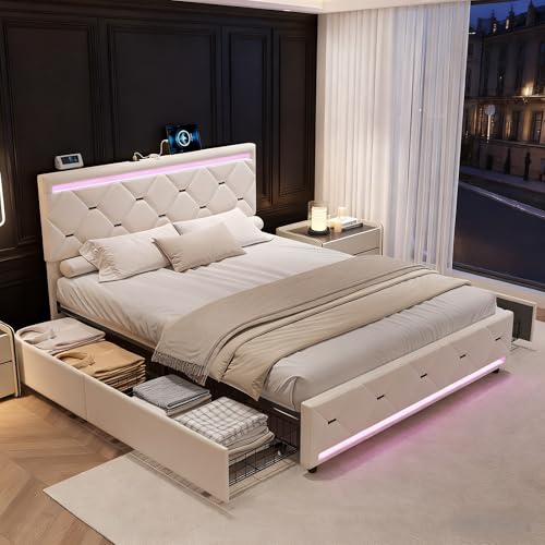 Livlux - Cama de 140 x 190 cm, con somier LED y USB, cama doble acolchada con 4 cajones, almacenamiento y ajustable cabecero de cama, cama para adultos y adolescentes (blanco A, 140 x 190 cm)