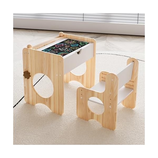 Kids table and chair set with storage chalkboard height adjustable toddler chair montessori art table and chair set natural wooden activity table drawing dinner desk for baby toddlers 1  urban country home decor