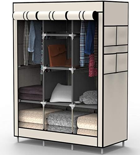 MYOUYA Clothes Closet Wardrobe - Bedroom Standing Closet Organizer for Clothing, Shoes and Accessories, 6 Cubes and 2 Hanging Sections (Beige)