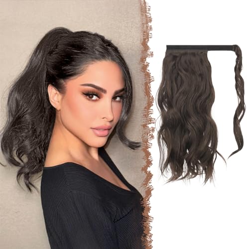 FESHFEN Coleta Postiza Pelo Ondulado, Larga Natural Rizado Cola de Caballo Extensiones de Cabello Marrón Oscuro Sintético Postizos de Pelo Ponytail Extension para Mujer 35 cm