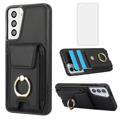 Coque Samsung S21 5G protection écran verre trempé et étui portefeuille cuir noir