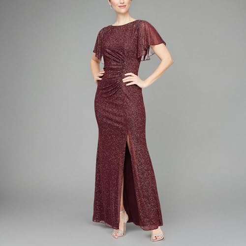 Image of S.L. Fashions Women's Glitter Mesh Stretch Dress W /Shoulder Embellishment Formal Long Gown, (Petite and Regular Sizes)