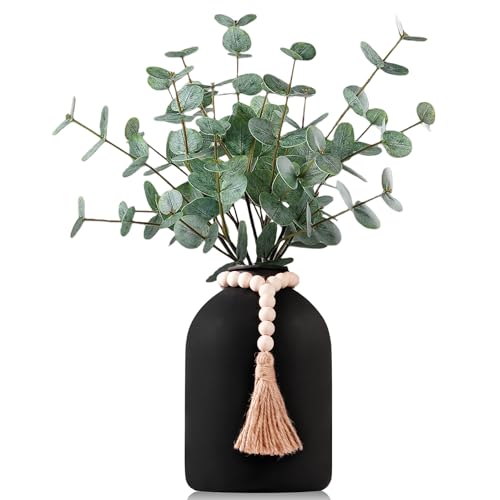 6 Pcs Artificial Eucalyptus Stems in Large Black Vase ,18" Artificial Greenery Stems Centerpieces Fake Eucalyptus Stems 9 in Tall Vase Home Decor Coffee Table Kitchen Table Centerpieces Decor (Black)