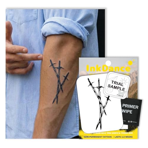 InkDance Semi-Permanent Tattoo, Vintage Crossed Swords, Long Lasting Temporary Tattoos, Waterproof Plant-Based Ink, Lasts 1-2 Weeks, Color Develops in 24 Hours X236