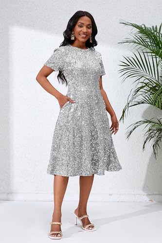 Image of Sequins Glitter Short Sleeve Women's Maxi A-line Dress - Sparkly Party Elegant