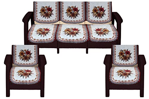 Image of The Furnishing Tree Velvet Floral Pattern 10 Pieces 5 Seater Sofa Cover Set Red