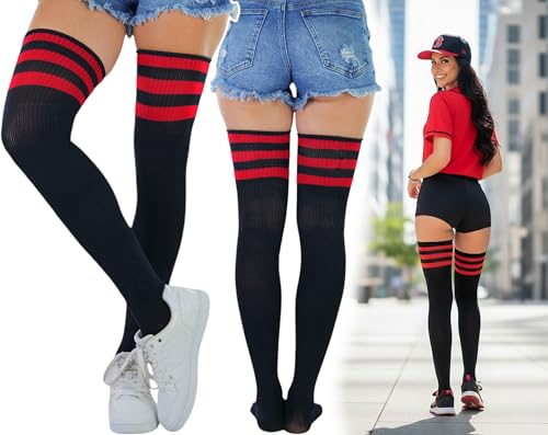 Image of ToBeInStyle Women's Heavyweight Knit Thigh High Long Socks w /Contrast 3 Stripe Top Band