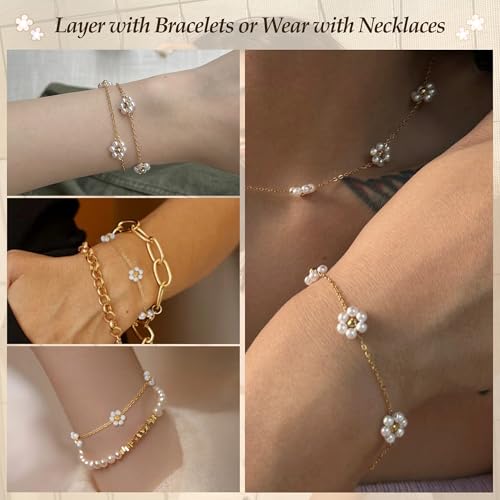Pearl Bracelets for Women, Dainty Gold Bracelet Silver Prom Pearl Jewelry for Wedding, Trendy Daisy Bracelet Heart Bracelet as Simple Bridesmaid Gifts Floral Jewelry Brazaletes Para Mujer