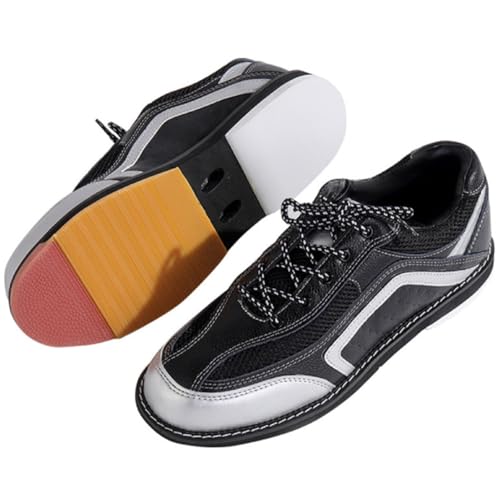 Wizeny Mens Lawn Bowling Shoes Lace Up Lightweight Fashion Bowling Shoes Non-Slip Breathable Comfortable Large Size Leather,Black Silver,10.5
