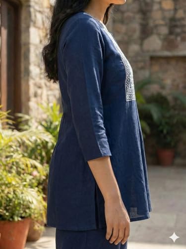 Image of Women's Rayon Kurti Set with Palazzo Pants | Embroidered V-Neck A-Line Short Kurti with 3 /4 Sleeves | Casual Ethnic Co-Ord Set for Daily Wear, Office & Festive