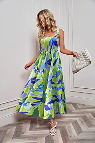 Image of kinstell Women's Summer Boho Spaghetti Strap Square Neck Ruffle Casual Flowy Long Dress Beach Swing Party Maxi Dress