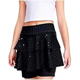 KODMNSW Rock Mädchen Lederrock Rock mit Hose Drunter Glitzerrock Hohe Taille Minirock Hosenrock Tanzrock Partyrock Faltenrock Skater Skirt Leder Röcke für Tanzaufführung Festival Party Schwarz 160