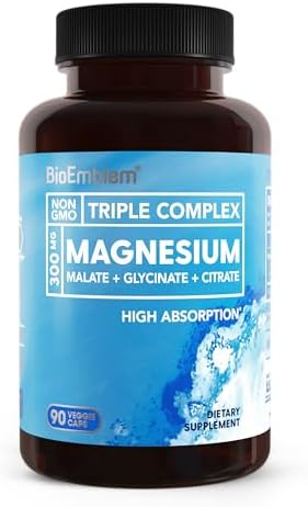 BioEmblem Triple Magnesium Complex | 300mg Magnesium Glycinate, Malate & Citrate | High Absorption Chelated Formula | Vegan, Non-GMO, Gluten-Free | 90 Capsules