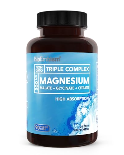 BioEmblem Triple Magnesium Complex | 300mg Magnesium Glycinate, Malate & Citrate | High Absorption Chelated Formula | Vegan, Non-GMO, Gluten-Free | 90 Capsules