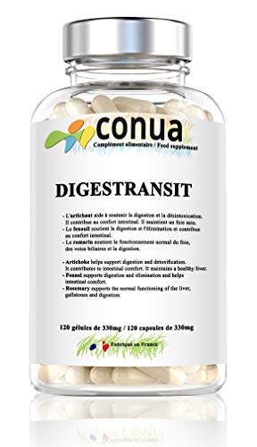 Digestion transit Conua Digestion Difficile 100 % VÉGÉTARIEN & VEGAN Detox foie et colon : Fenouil Romarin Artichaut Radis noir 120 gélules de 330 mg Fabriqué en France depuis 2003 Cover