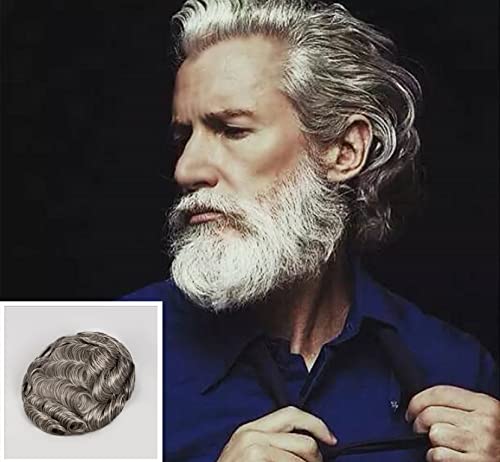 Miniatura 4 de Amiable toupee gris para hombres suave piel fina pieza de pelo de los hombres con 50% cabello blanco sistema de reemplazo de cabello gris pieza de