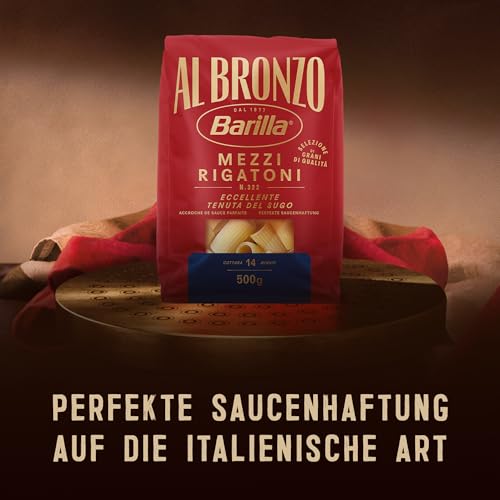 Barilla Pâtes Al Bronzo Mezzi Rigatoni 500g Tagliatelles dans des moules en bronze, adhérence à la sauce italienne, le blé dur de haute qualité donne la saveur corsée