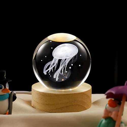 Image of 3D Jellyfish Crystal Ball Lamp with Dimmable LED and Wooden Base, Night Light for Kids Teens Adults, Home Desk Office Bedroom Decor, Birthday Gift (2.4 inch / 6cm)