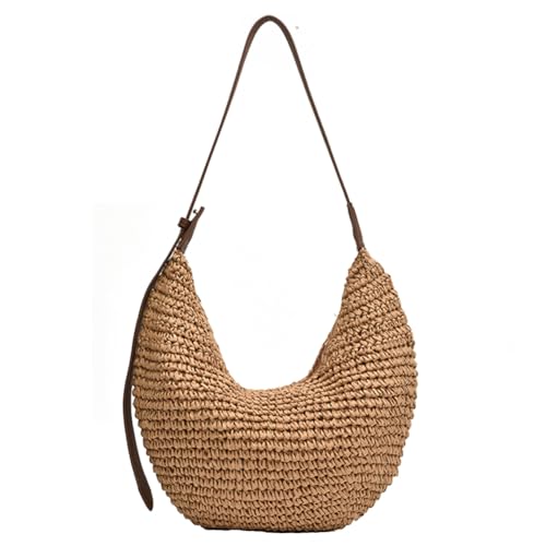 TIAASTAP Bolso de paja para mujer, bolso de hombro de paja, bolso de rafia de verano, grande, tejido de playa, bolso de cesta, bolso cruzado trenzado, bolso boho de media luna, bolso de hombro, caqui