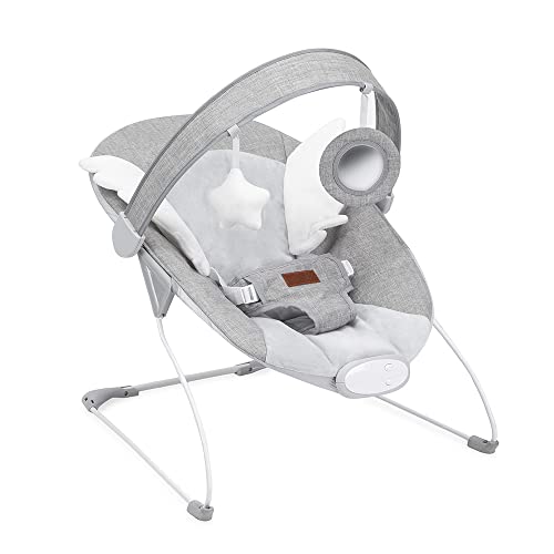 Le transat balancelle MoMi TULI pour bébés jusqu’à 9 kg, 58 x 49 x 53 cm, ceinture de sécurité 3 points, cadre métallique avec pieds antidérapants, module sensoriel avec mélodies et vibrations