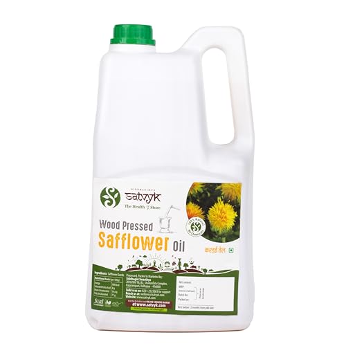 Image of S Siddhagiri's SATVYK THE HEALTH re STORE Wood Pressed Safflower Oil (5Ltr Can) - | Unrefined | Kachi Ghani Kardai Tel | Kolhu Safflower Oil | Extracted on Wooden Churner | Ideal Oil for Cooking