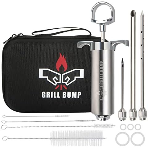 Grill Bump Meat Injector Syringe Kit with 3 Professional Marinade Injector Needles and Travel Case for BBQ Grill Smoker, Turkey and Brisket; 2-oz Large Capacity, Both Paper User Manual and E-Book Cover