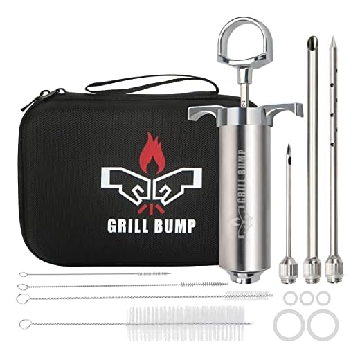 Grill Bump Meat Injector Syringe Kit with 3 Professional Marinade Injector Needles and Travel Case for BBQ Grill Smoker, Turkey and Brisket; 2-oz Large Capacity, Both Paper User Manual and E-Book