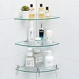 HouseMila Bathroom Shelf, 3 Tier Shower Glass Corner Shelves with 3 Hangers — Shampoo Basket Holder — Bathroom Organizer with Nail Anti-Rust Electroplated Hardware Cosmetic Storage Rack for Bathroom