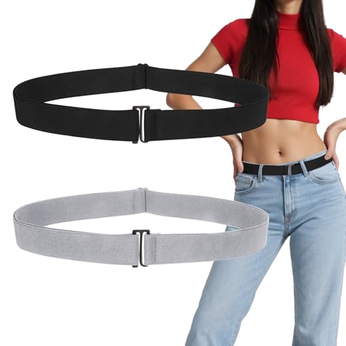 2PCS No Show Stretch Invisible Belt for Women Adjustable Elastic Belts Flat Buckle Waist Belts for Jeans Pants Dresses