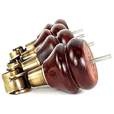 4X Mahogany Furniture Legs Wooden Replacement FEET with Antique Brass CASTORS 140mm Height for Settee Chairs Sofas M8(8mm) Cover
