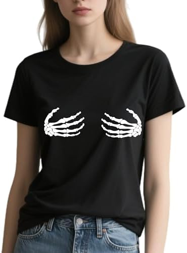 Halloween Shirts for Women 2025 - Skull Hand Pattern Print Short Sleeve Casual Round Neck Shirts