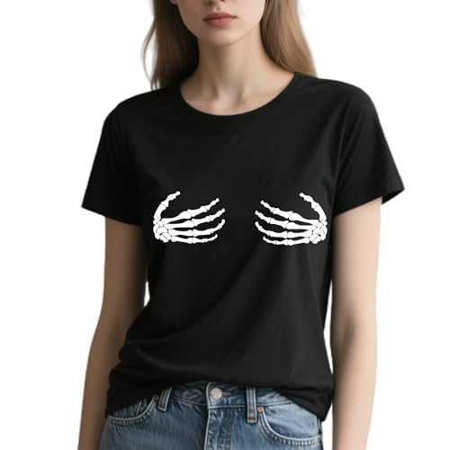 Halloween Shirts for Women 2025 - Skull Hand Pattern Print Short Sleeve Casual Round Neck Shirts