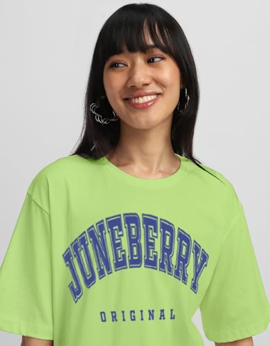 Image of JUNEBERRY Pure Cotton Oversized Drop Shoulder Brand Logo Typography Print Round-Neck Baggy Fit T-Shirt for Women (Available in Navy, Green & Pink Colors)